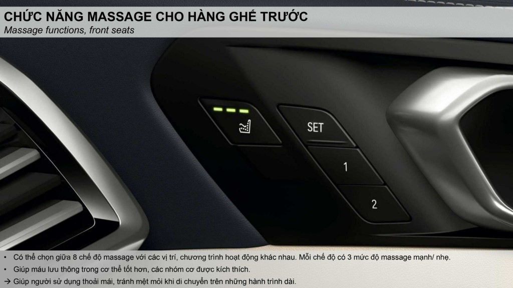 Ghế phía trước massage tùy chỉnh trên BMW X7 M Sport 2023.